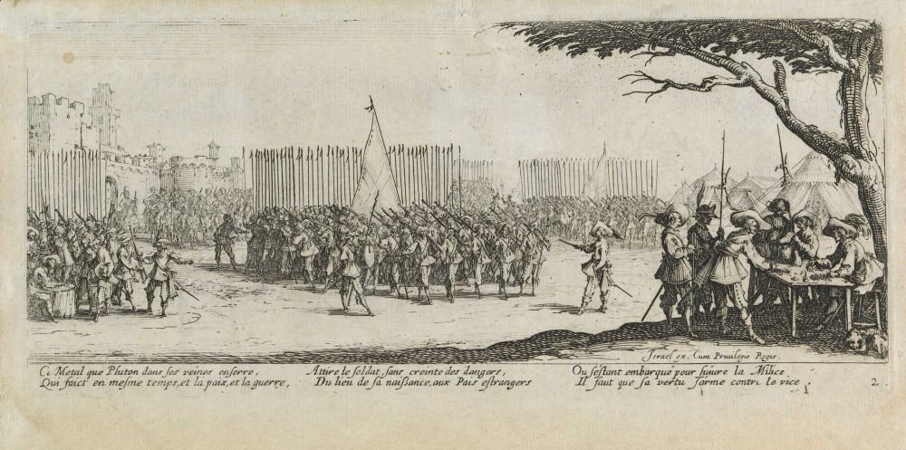Nábor vojska Les miseres et les mal-heures de la guerre, pl. 2 od Jacques Callot