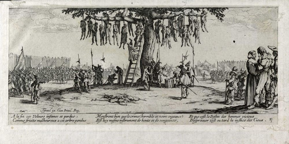 Mučení šibenice Les miseres et les mal-heures de la guerre, pl. 11 od Jacques Callot
