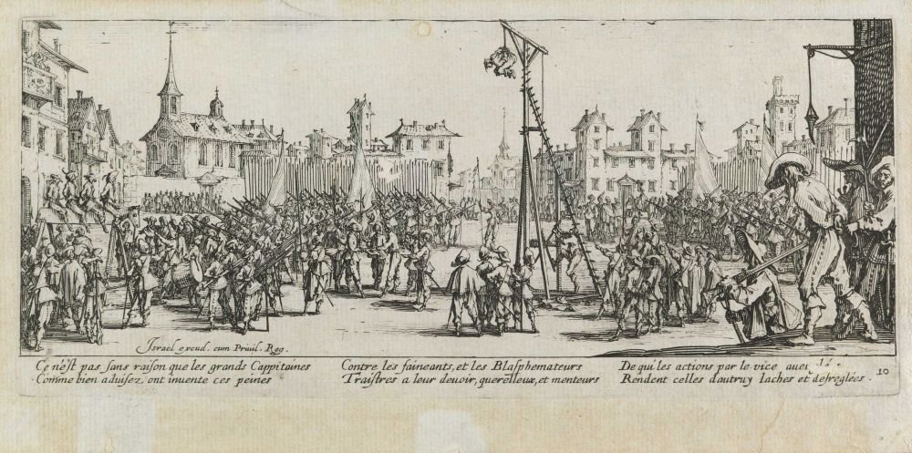 Mučení kladky Les miseres et les mal-heures de la guerre, pl. 10 od Jacques Callot