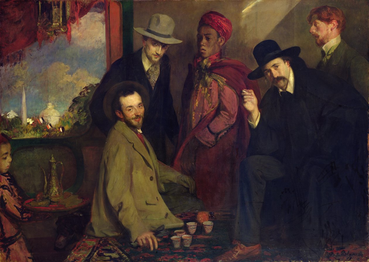 Andre Gide (1869-1951) a jeho přátelé v Cafe Maure z Exposition Universelle z roku 1900, 1901 od Jacques Emile Blanche