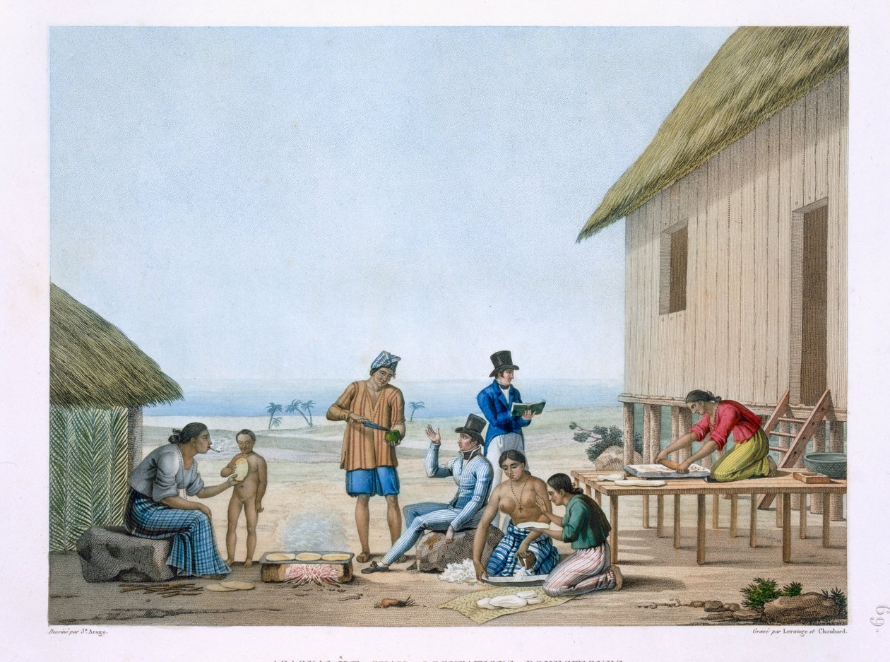 Domácí okupace, Agagna, Guam, Filipíny, z „Voyage Autour du Monde (1817-20)“ od Louise Clauda Desaulses de Freycinet (1779-1842), vyryto Pomelem, vydáno 1822-24 od Jacques Etienne Victor Arago