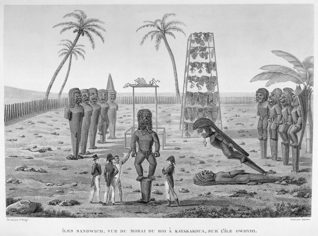 Sandwich Islands: Pohled na Morai of the King, v Kayakakoua na ostrově Owhyhi, z „Voyage Autour du Monde sur les Corvettes de L