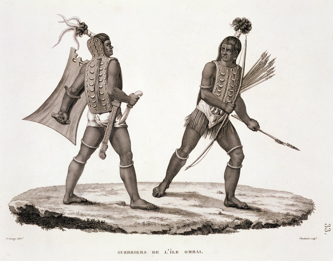 Bojovníci z ostrova Ombai, z „Voyage Autour du Monde (1817-20)“, Louis Claude De Saulces de Freycinet (1779-1842), vyryto Chaubardem, vydáno 1822-24 od Jacques Etienne Victor Arago