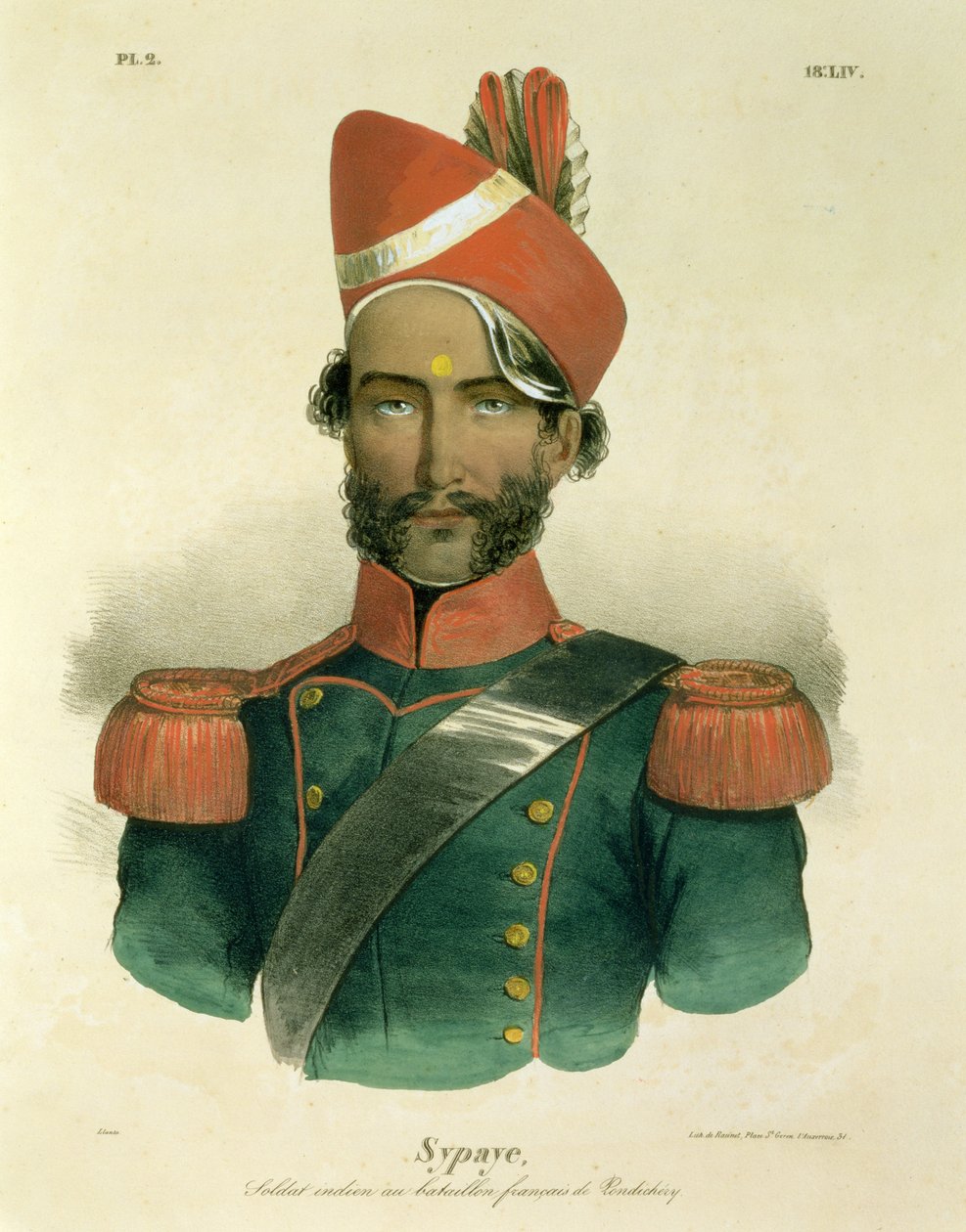 Sepoy: indický voják ve francouzském praporu v Pondicherry, rytina Racinet od Jacques Francois Gauderique Llanta