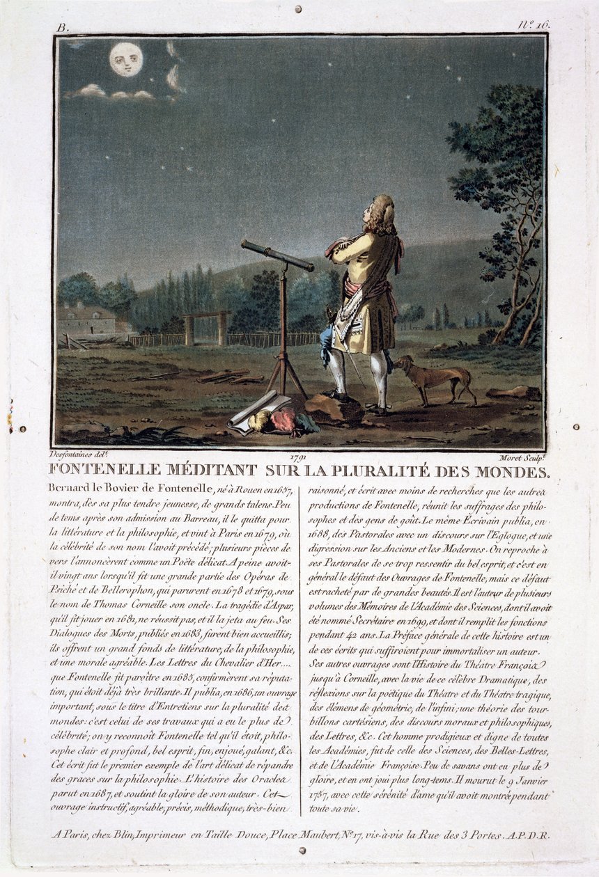 Bernard le Bovier de Fontenelle (1657-1757) uvažující o pluralitě světů, vyryl Jean Baptiste Morret (fl.1790-1820), 1791 (viz také 251584) od Jacques Francois Joseph Swebach