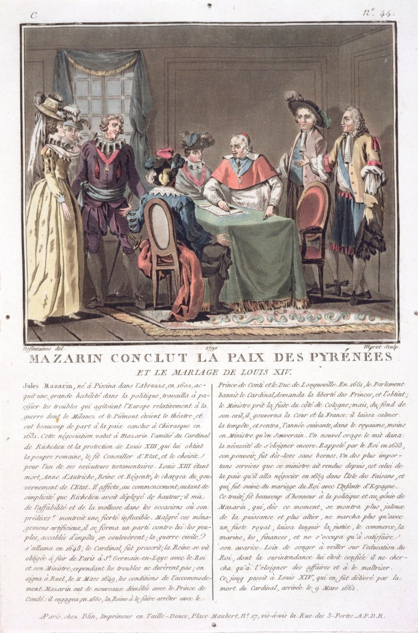 Kardinál Mazarin (1602-61) uzavírá mír v Pyrenejích, 1659, vyryl Jean Baptiste Morret (fl.1790-1820), 1790 od Jacques Francois Joseph Swebach