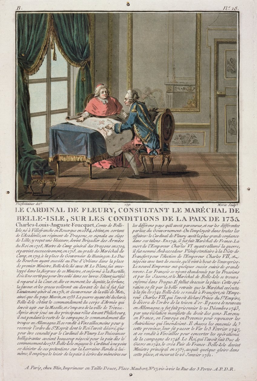 Kardinál de Fleury (1653-1743) se radí s Marechalem de Belle-Isle (1684-1761) o podmínkách míru, 1735, ryl Jean Baptiste Morret (fl.1790-1820), 1791 od Jacques Francois Joseph Swebach