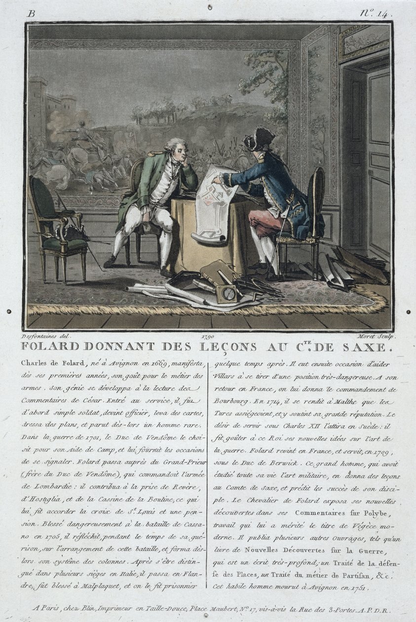 Charles, Chevalier de Folard (1699-1751) instruuje hraběte Saska (1696-1750), vyryl Jean Baptiste Morret (fl.1790-1820), 1790 od Jacques Francois Joseph Swebach