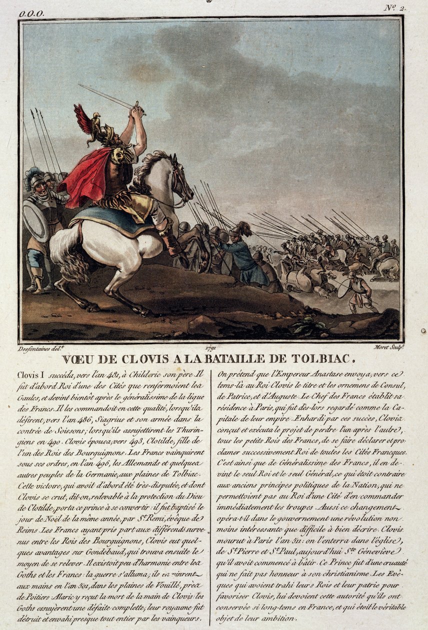 Clovis I (c.466-511) v bitvě u Tolbiacu, 496 n.l., vyryl Jean Baptiste Morret (fl.1790-1820), 1791 od Jacques Francois Joseph Swebach