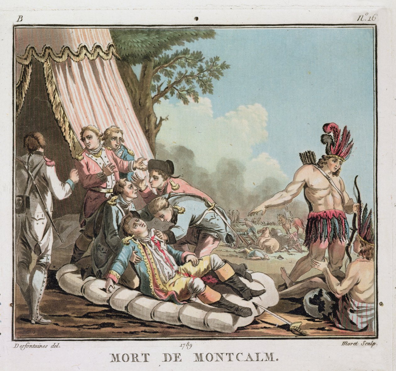 Smrt Louise Josepha de Montcalm při obležení Quebecu, 1759, ryl Jean Baptiste Morret (fl.1790-1820), 1789 (barevné lito) (viz také 139883) od Jacques Francois Joseph Swebach