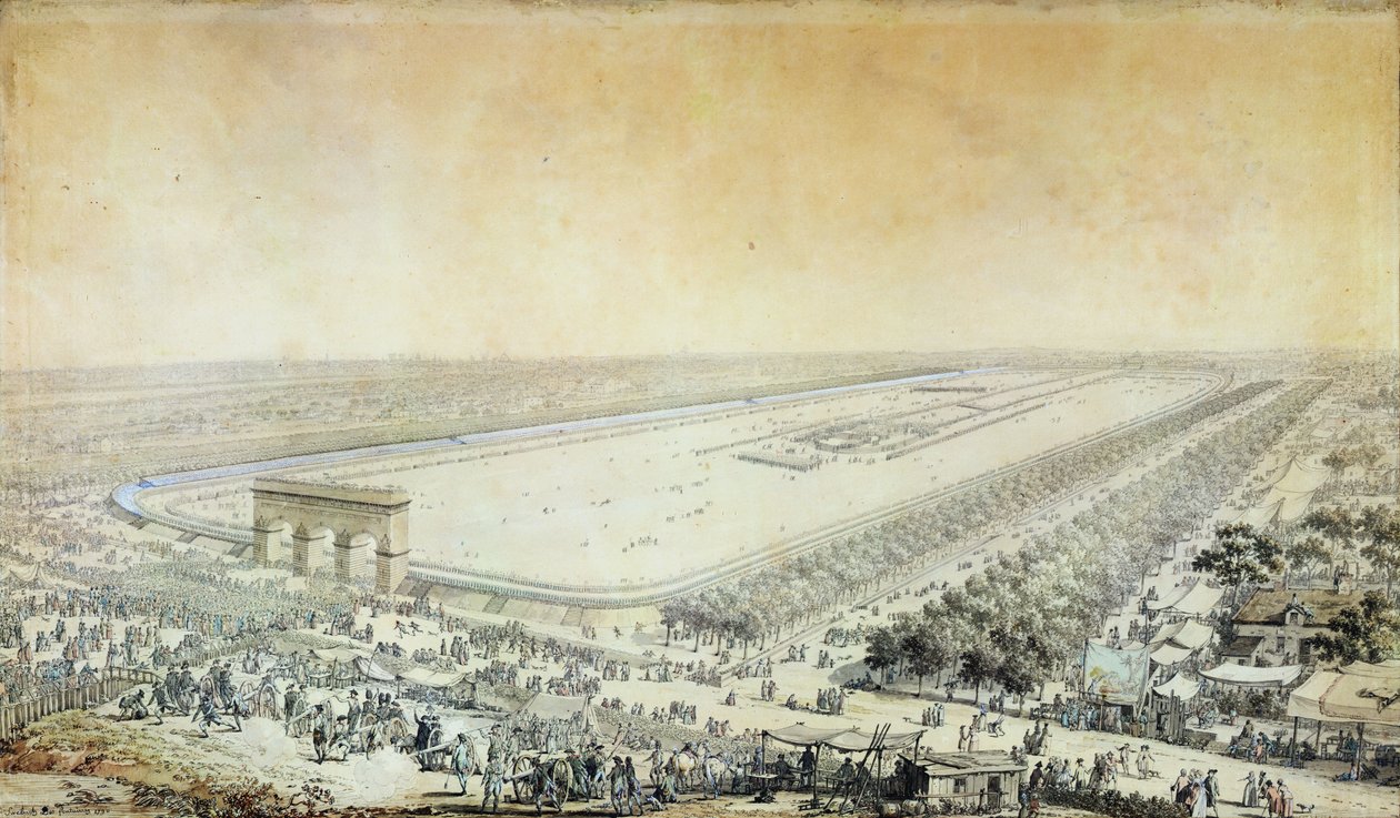 Celkový pohled na Champ-de-Mars během Fete de la Federation, 14. července 1790 (pero a inkoust a wc na papíře) od Jacques Francois Joseph Swebach
