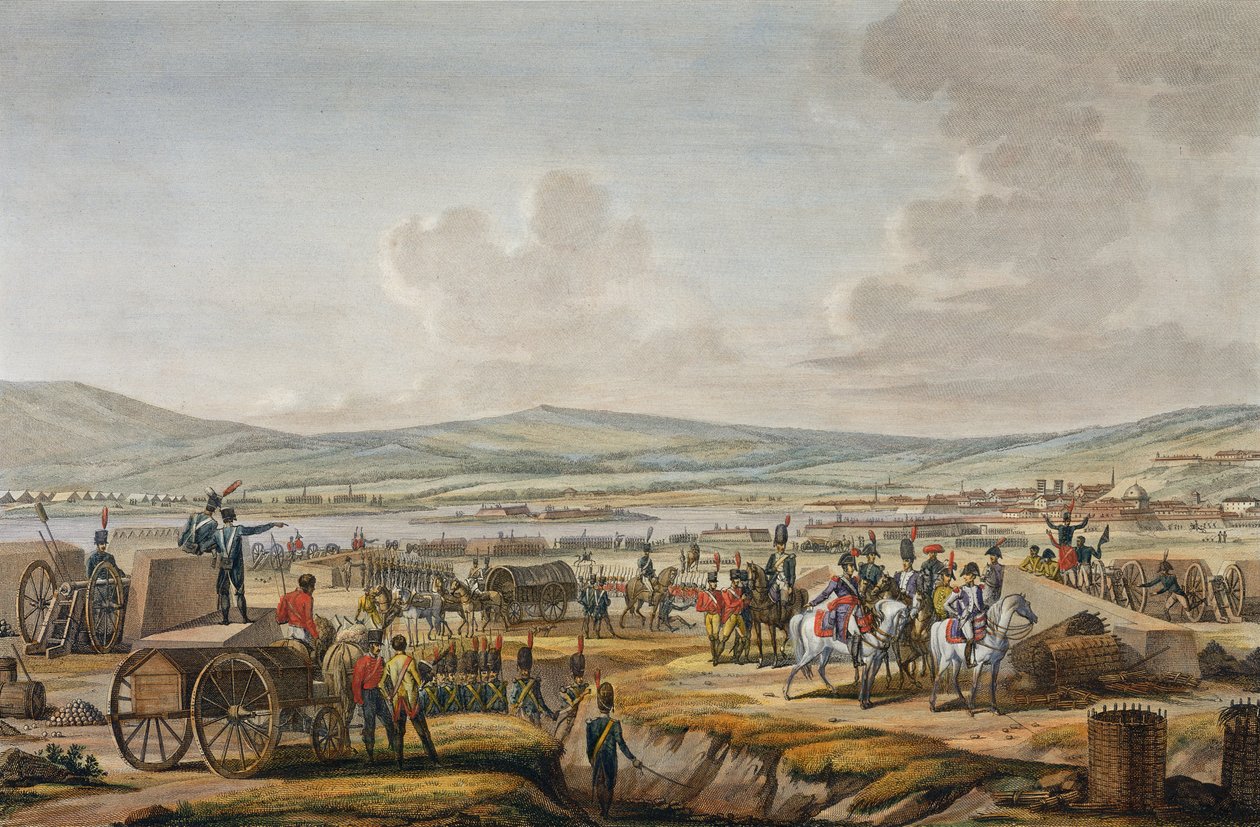Napoleon Visiting the Siege Works at Danzig pod vedením maršála Le Febvra, 9. května 1807, vyryl Francois Jacques Dequevauviller (1783-1848) (akvatinta) od Jacques Francois Joseph Swebach