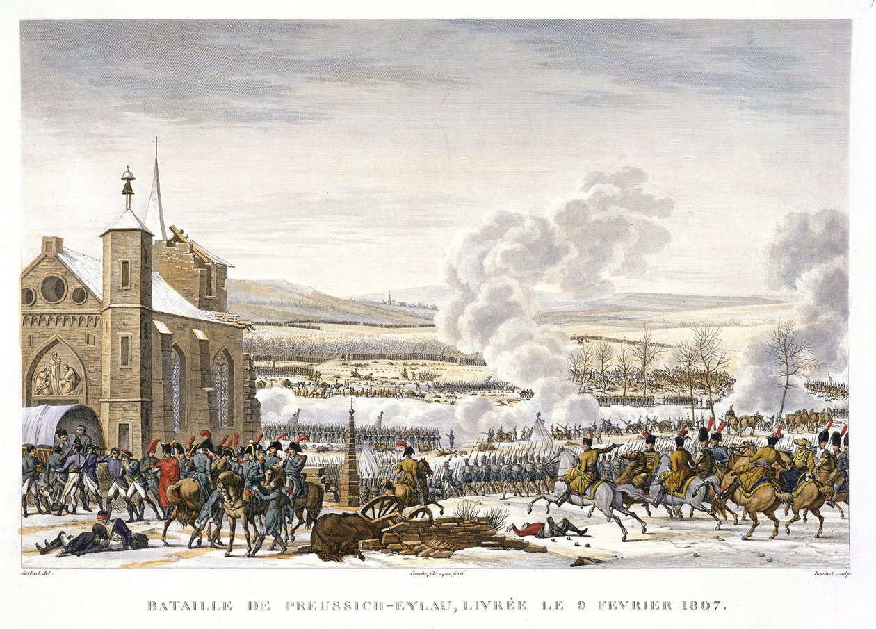 Bitva u Preussisch-Eylau, 9. února 1807, vyryl Edme Bovinet (1767-1832) (akvatinta) od Jacques Francois Joseph Swebach