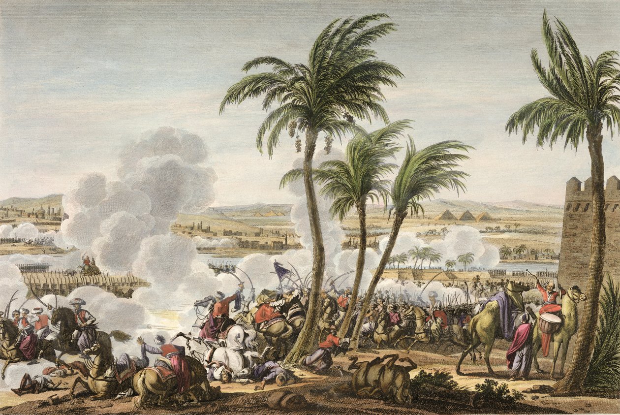 Bitva u pyramid, 3 Thermidor, rok 6 (21. července 1798) vyrytý Louis Francois Couche (1782-1849) (akvatinta) od Jacques Francois Joseph Swebach