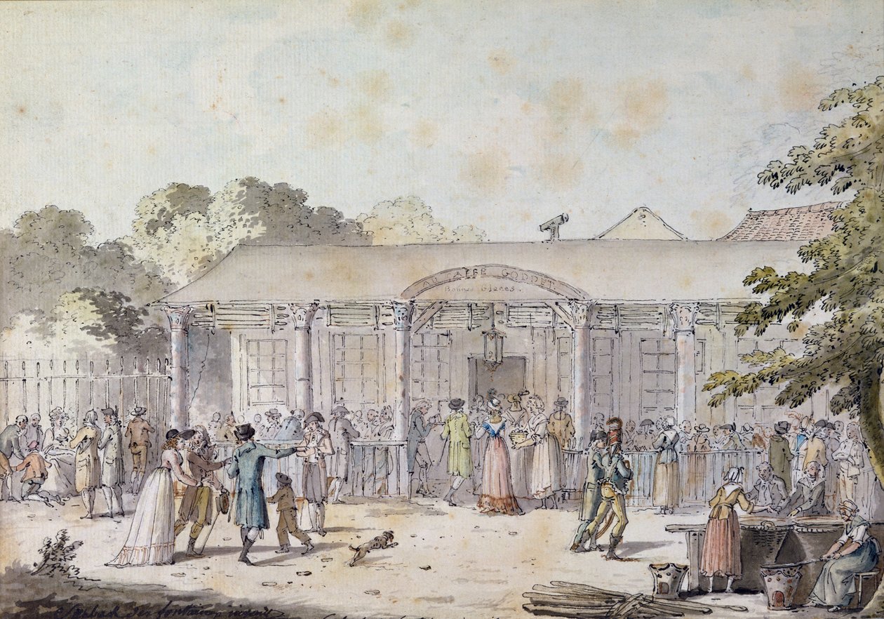 Cafe Goddet, Boulevard du Temple, v době konzulátu, 1799-1804 (pero a inkoust a wc na papíře) od Jacques Francois Joseph Swebach