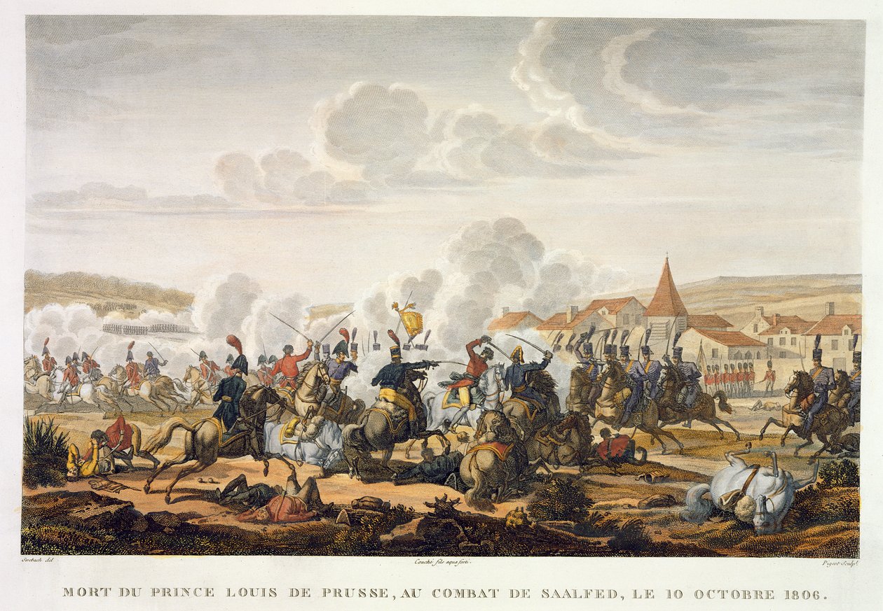 Smrt prince Ludwiga Pruského v bitvě u Saalfed, 10. října 1806, vyryl Louis Francois Couche (1782-1849) (akvatinta) od Jacques Francois Joseph Swebach