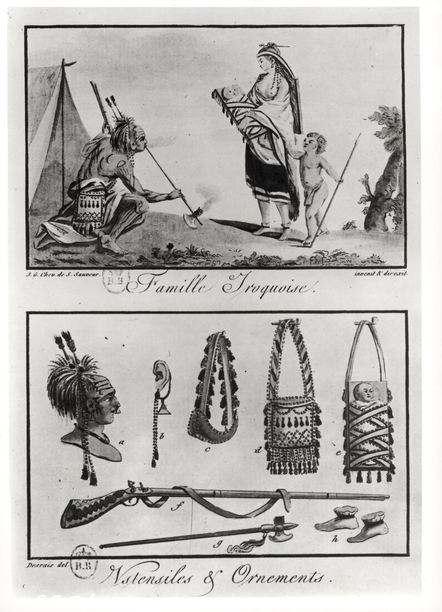 Rodina Irokézů, erby a ornamenty, z "Tableaux cosmographiques de l