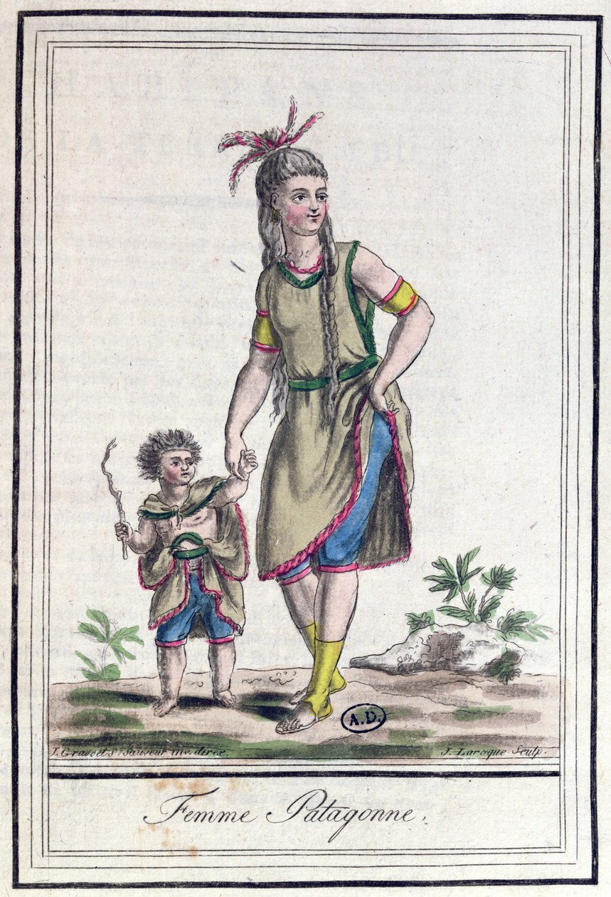 Patagonská žena, z knihy "Encylopedie cest", vyryl J. Laroque, vydáno 1796 od Jacques Grasset de Saint Sauveur