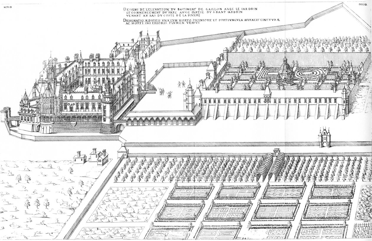 Gravírování z prvního dílu nejúžasnějších Bastimentů de France od Jacquese I Androueta du Cerceau. Celkový boční pohled z ptačí perspektivy na Château de Gaillon od Jacques I Androuet du Cerceau