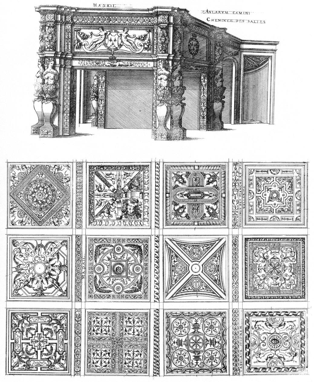 Rytina od Le premier volume des plus excellents Bastiments de France od Jacquese I Androueta du Cerceau, návrhy krbů a podlah pro Château de Madrid od Jacques I Androuet du Cerceau