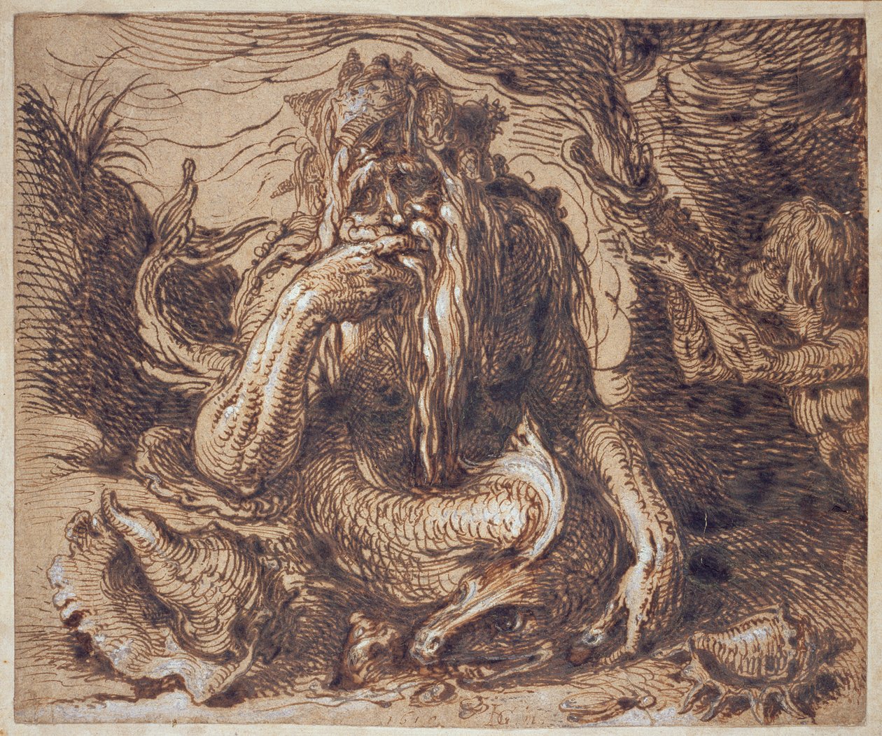 Neptun, 1610 (pero a tuš zvýrazněné kvašem na papíře) od Jacques II de Gheyn