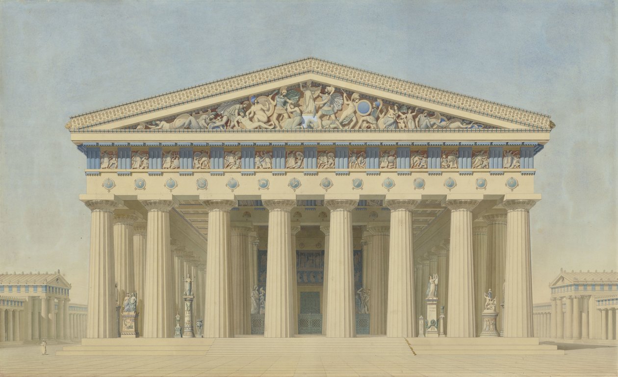 Temple T at Selinunte (Sicily), zrekonstruované vyvýšení hlavní fasády od Jacques Ignace Hittorff