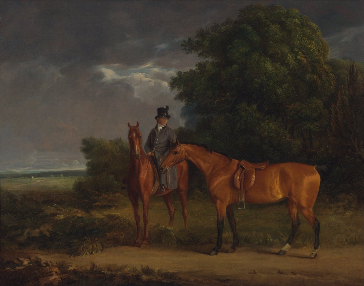 Ženich nasazený na lovce kaštanů, za otěže drží lovce zálivu od Jacques Laurent Agasse