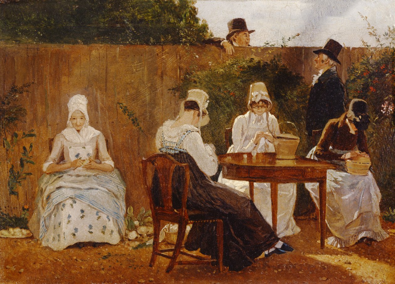 The Chalon Family v jejich London Town Garden, počátek 19. století (olej na desce Akademie) od Jacques Laurent Agasse