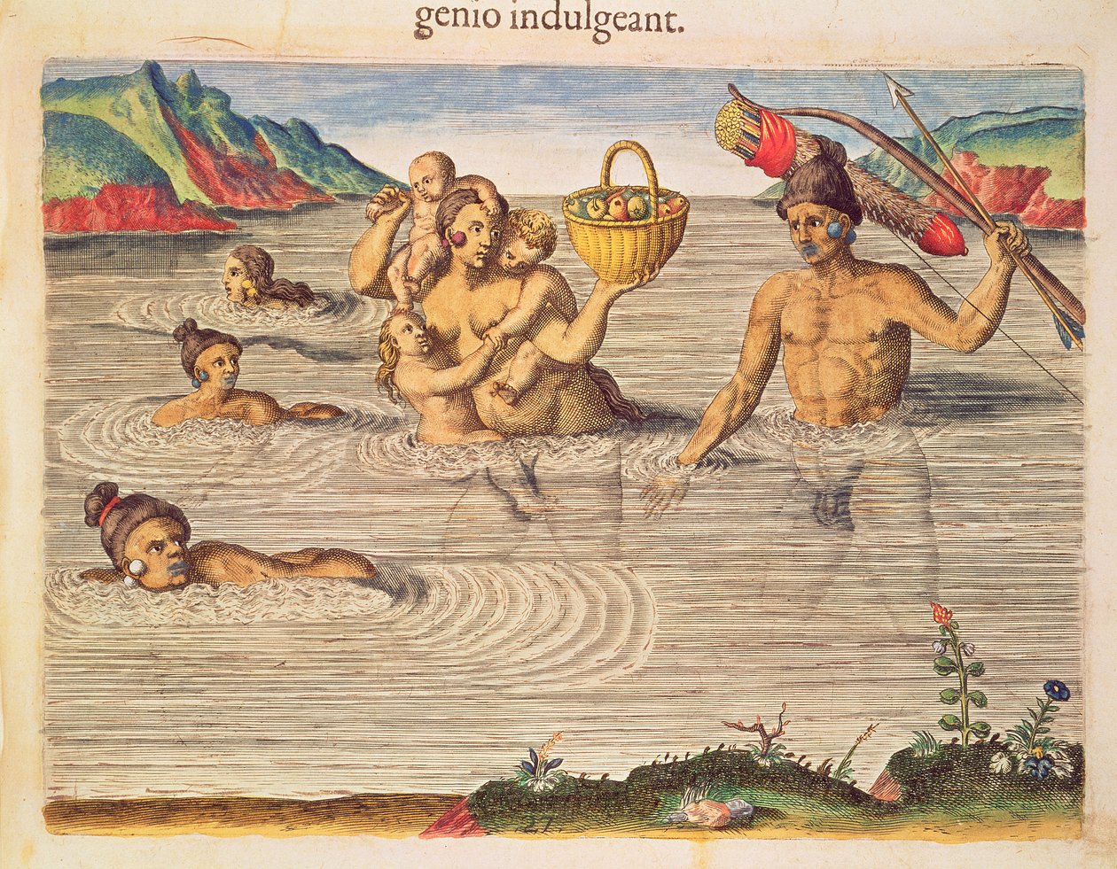 Rodina překračující řeku, z „Brevis Narratio...“, vyryl Theodore de Bry (1528-98), vydáno ve Frankfurtu, 1591 od Jacques Le Moyne