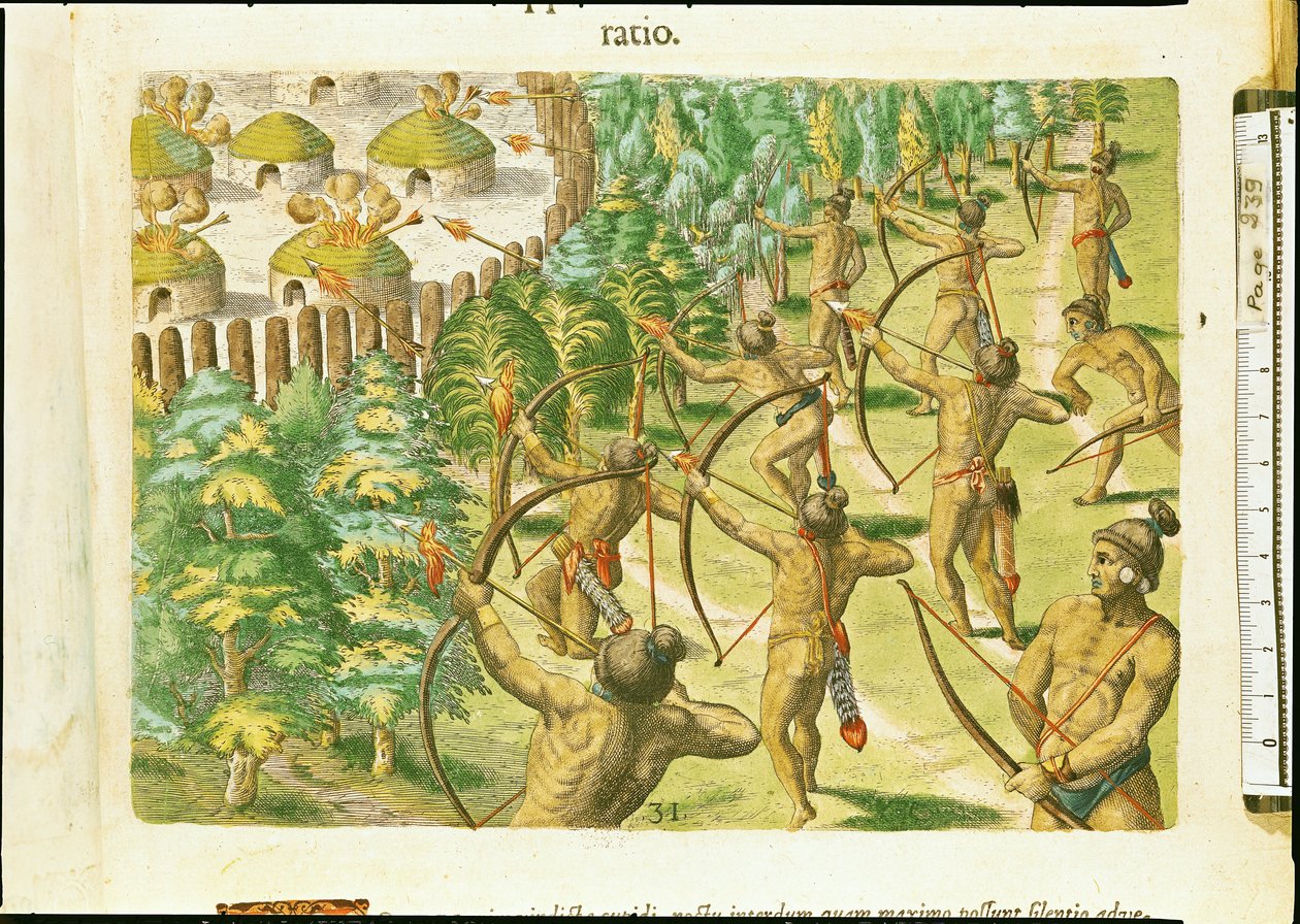 Útok na indiánskou vesnici s planoucími šípy, z „Brevis Narratio...“ vyrytý Theodorem de Bry (1528-98) 1591 od Jacques Le Moyne