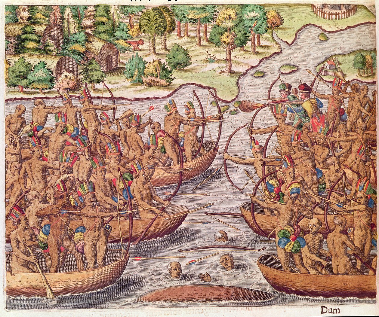 Bitva mezi indiánskými kmeny, z knihy "Brevis Narratio..", vyryl Theodore de Bry (1528-98) 1564 od Jacques Le Moyne