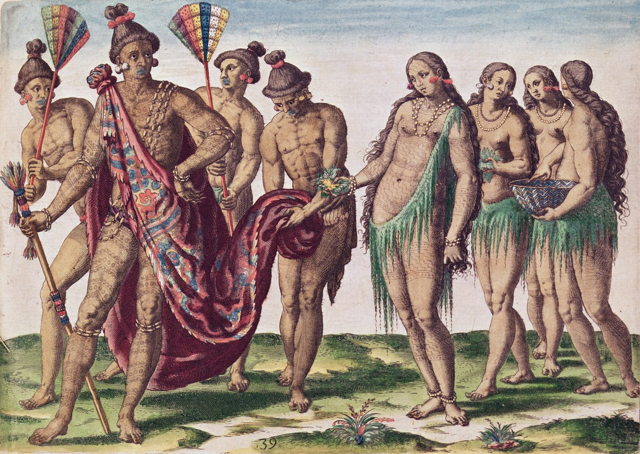 Náčelník Satouriona a jeho manželka jdou na procházku, deska XXXIX z „Brevis Narratio...“, vyrytá Theodorem de Bry (1528-98) od Jacques Le Moyne