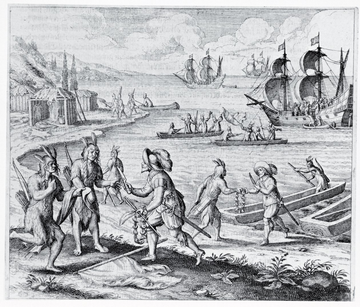 Anglické obchodování s Indiány ze Západní Indie, z „Americae“, napsal a vyryl Theodor de Bry (1525-75), 1628 od Jacques Le Moyne