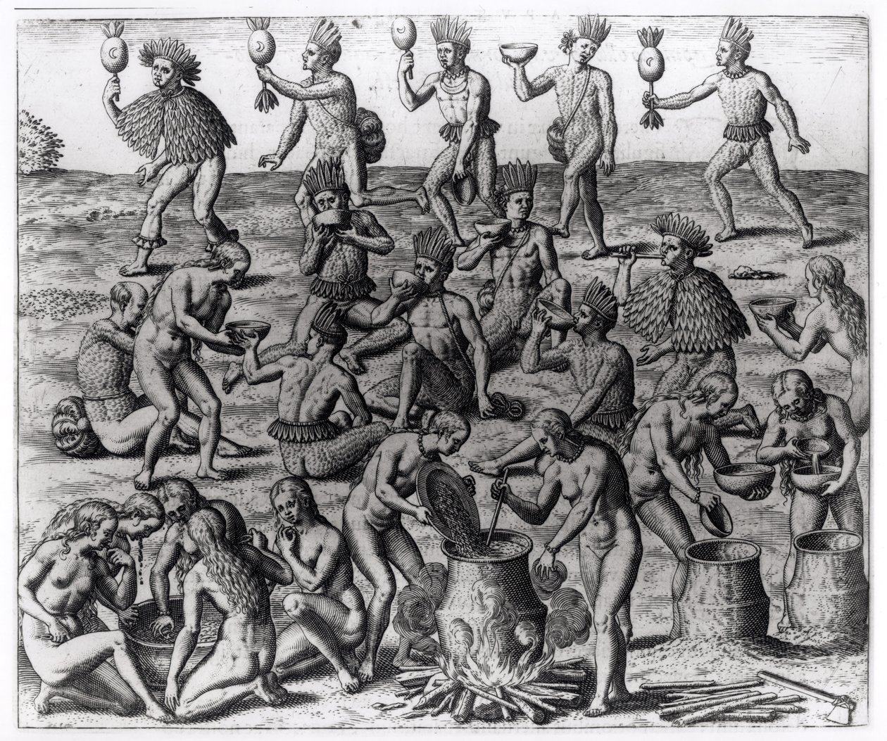 Indické ženy připravující kořen manioku, vyryl Theodore de Bry (1528-98), z 