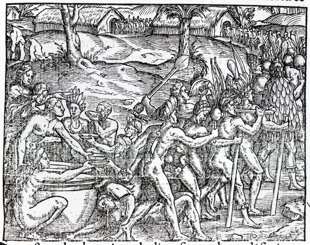 Průvod domorodců popíjejících a kouřících, rytina Theodora de Bry (1525-75) od Jacques Le Moyne