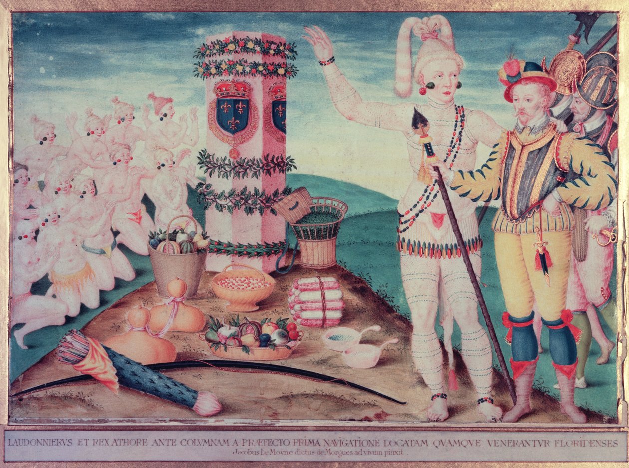 René Goulaine de Laudonniere (asi 1529-82) a hlavní Athore před Ribaultovým sloupem, asi 1570 od Jacques Le Moyne