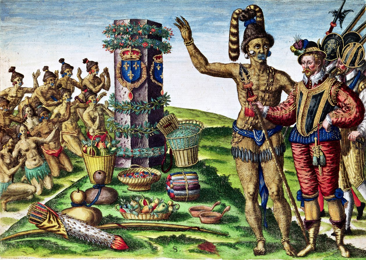 René Goulaine de Laudonniere (asi 1529-82) a hlavní Athore před Ribaultovým sloupem, z „Brevis Narratio...“, vyryl Theodore de Bry (1528-98) 1563 od Jacques Le Moyne