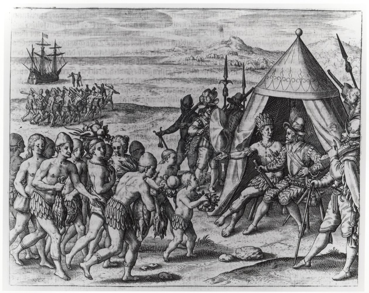 Sir Walter Raleigh (1554-1618) snažící se navázat přátelství s králem Arromaia z Guyany z 