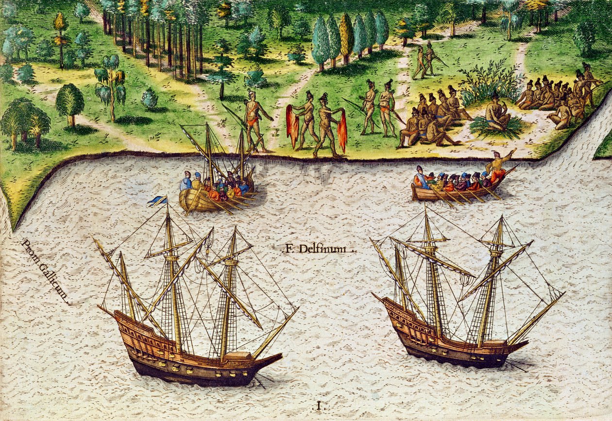 Mys Floridy (Gallicum) a řeka delfínů (Fleuve Delphinium) z „Brevis Narratio“, vyryl Theodore de Bry (1528-98) 1563 od Jacques Le Moyne