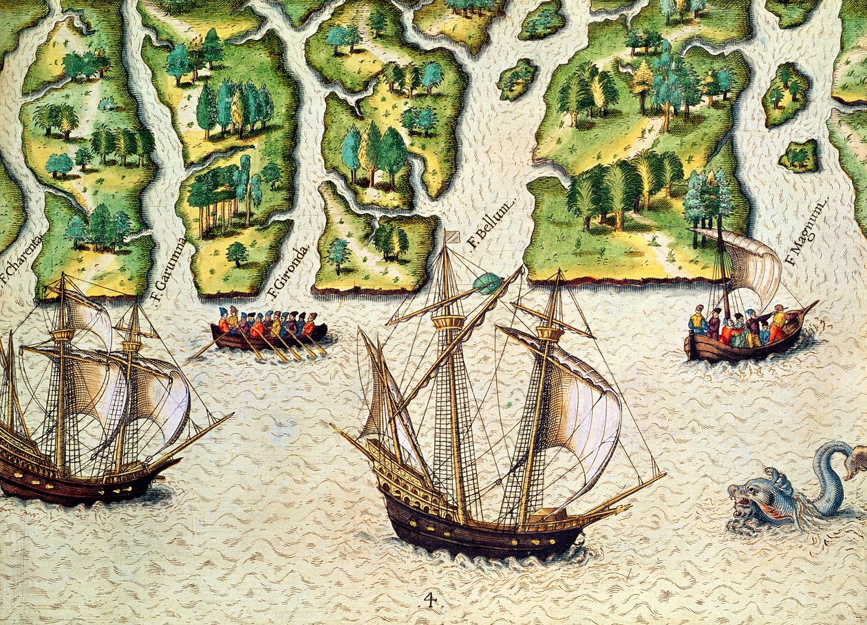 Francouzština Objevte šest dalších řek, z „Brevis Narratio...“, vyryla Theodore de Bry (1528-98), vydaná ve Frankfurtu, 1591 od Jacques Le Moyne