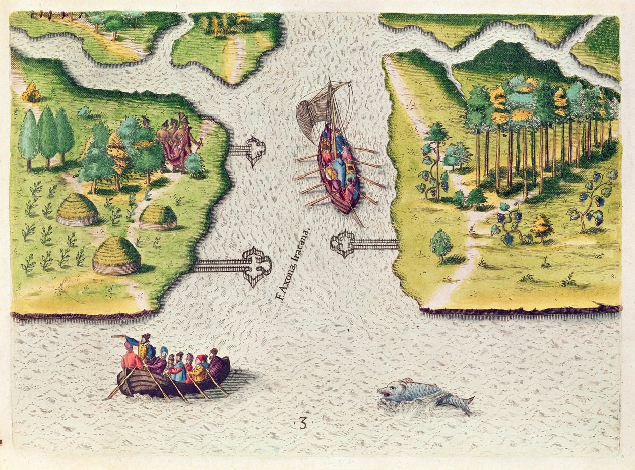 Francouzština Objevte dvě další řeky, z „Brevis Narratio...“, vyryla Theodore de Bry (1528-98), vydaná ve Frankfurtu, 1591 od Jacques Le Moyne