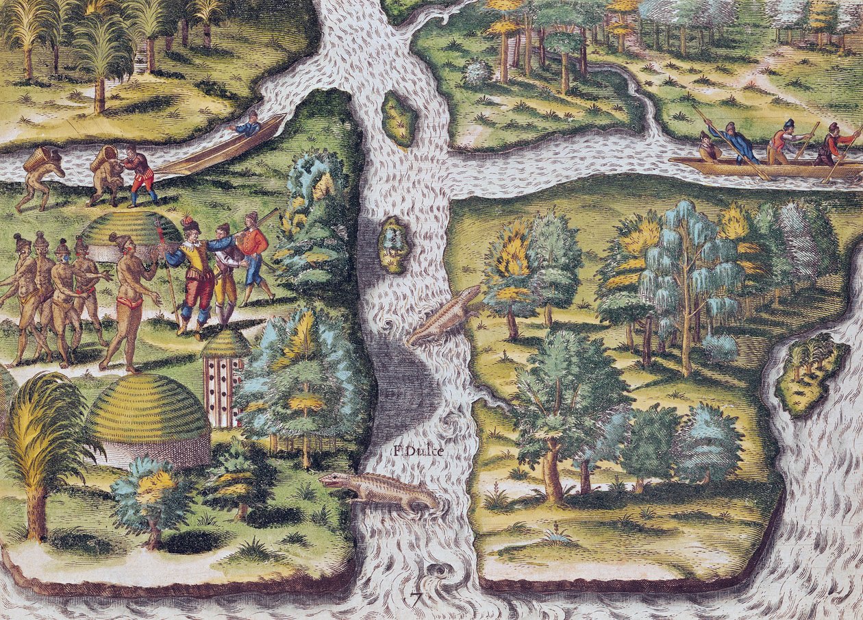 Francouzi zanechaní v pevnosti Fort Charles trpí nedostatkem jídla, z knihy "Brevis Narratio..", vyryl Theodore de Bry (1528-88) 1563 od Jacques Le Moyne
