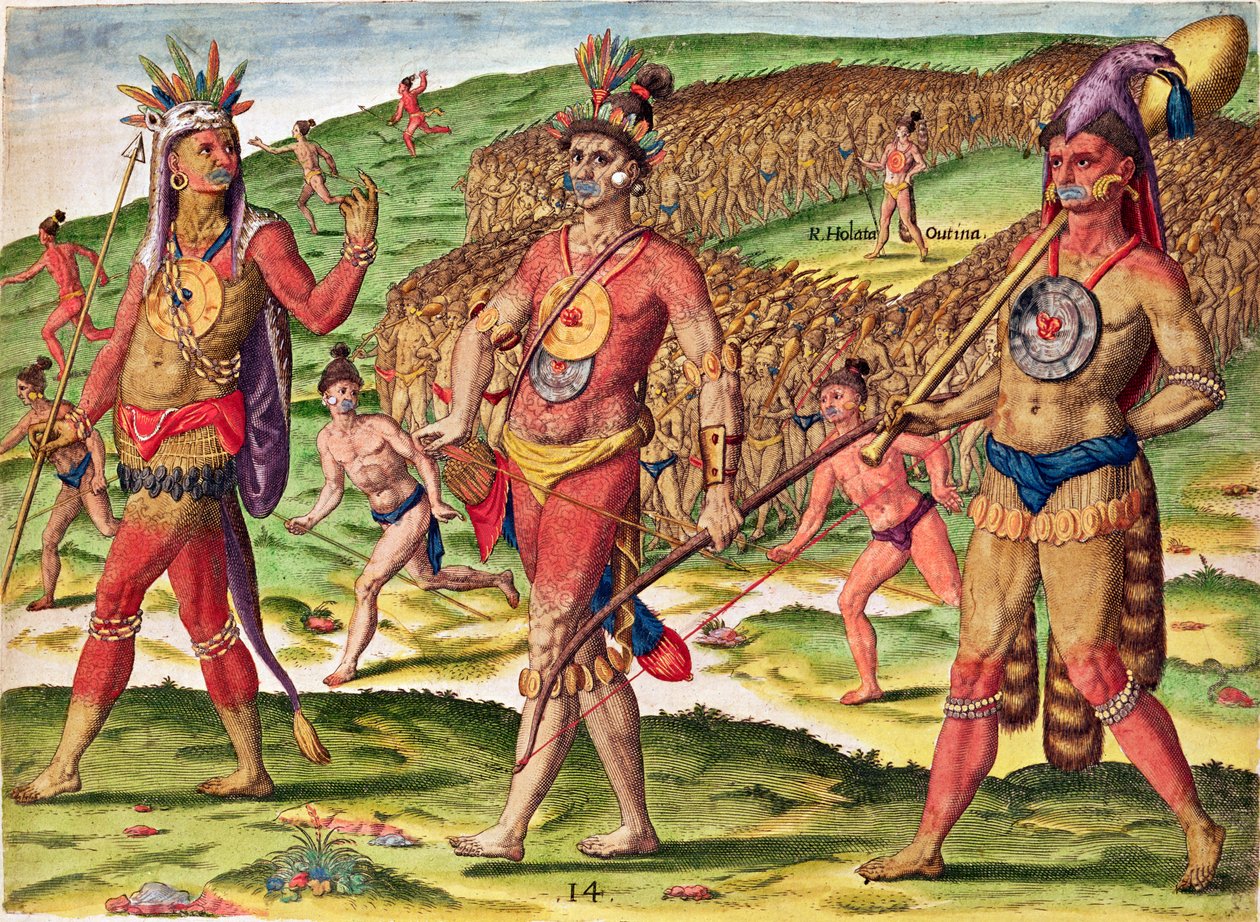 Vojáci z Outiny pochodují, aby rozřezali své nepřátele na kusy, z „Brevis Narratio...“, vyryl Theodore de Bry (1528-98) 1563 od Jacques Le Moyne