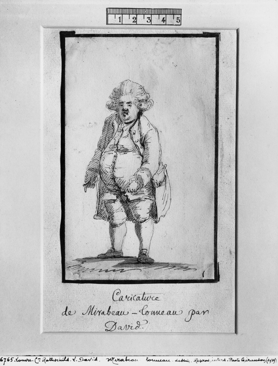 Karikatura Andre Bonifáce Louise z Riqueti, vikomta z Mirabeau, přezdívaného Mirabeau-Tonneau (pero a hnědý inkoust a šedá barva na papíře) od Jacques Louis David