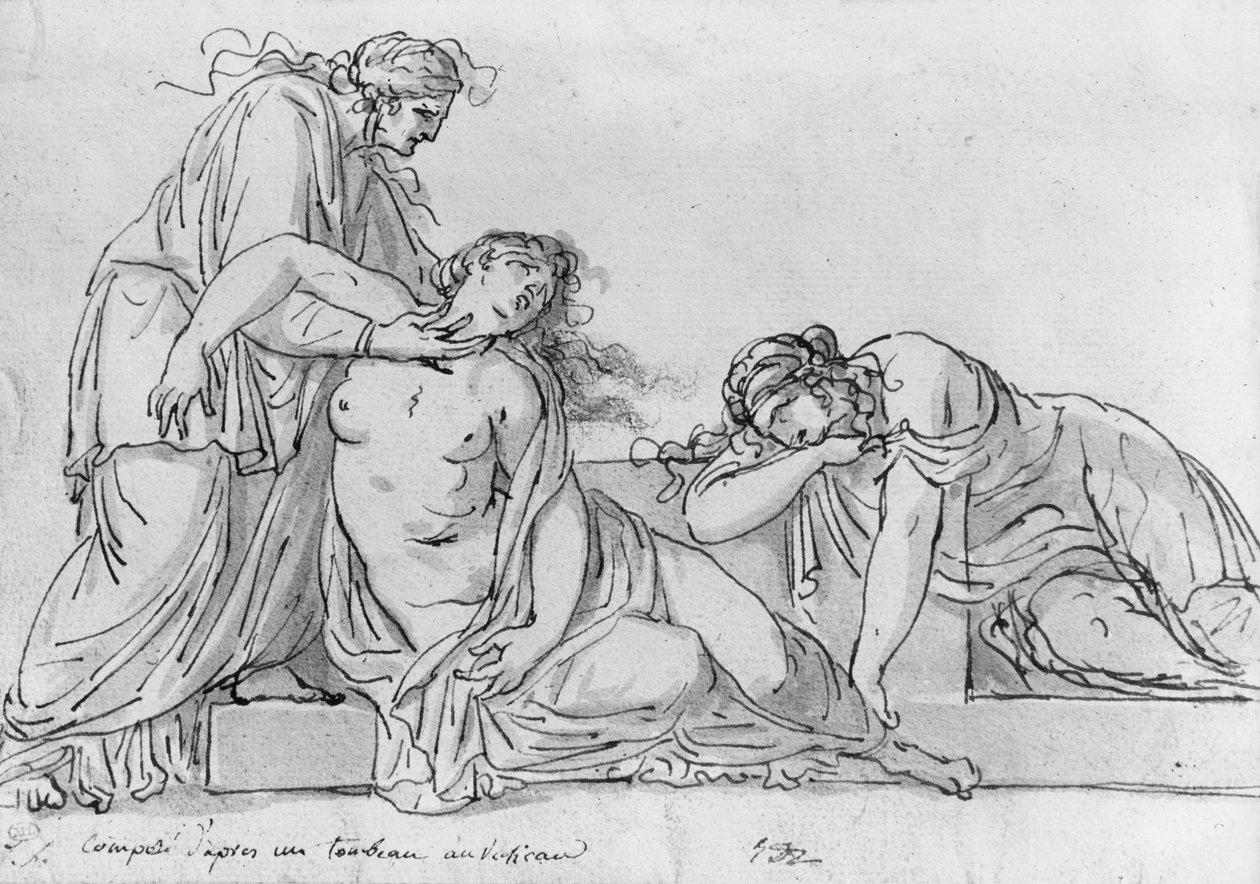 Stará žena sklánějící se nad dvěma omdlévajícími ženami, asi 1776 (pero a hnědá tuš a šedá barva a pierre noire na papíře) od Jacques Louis David