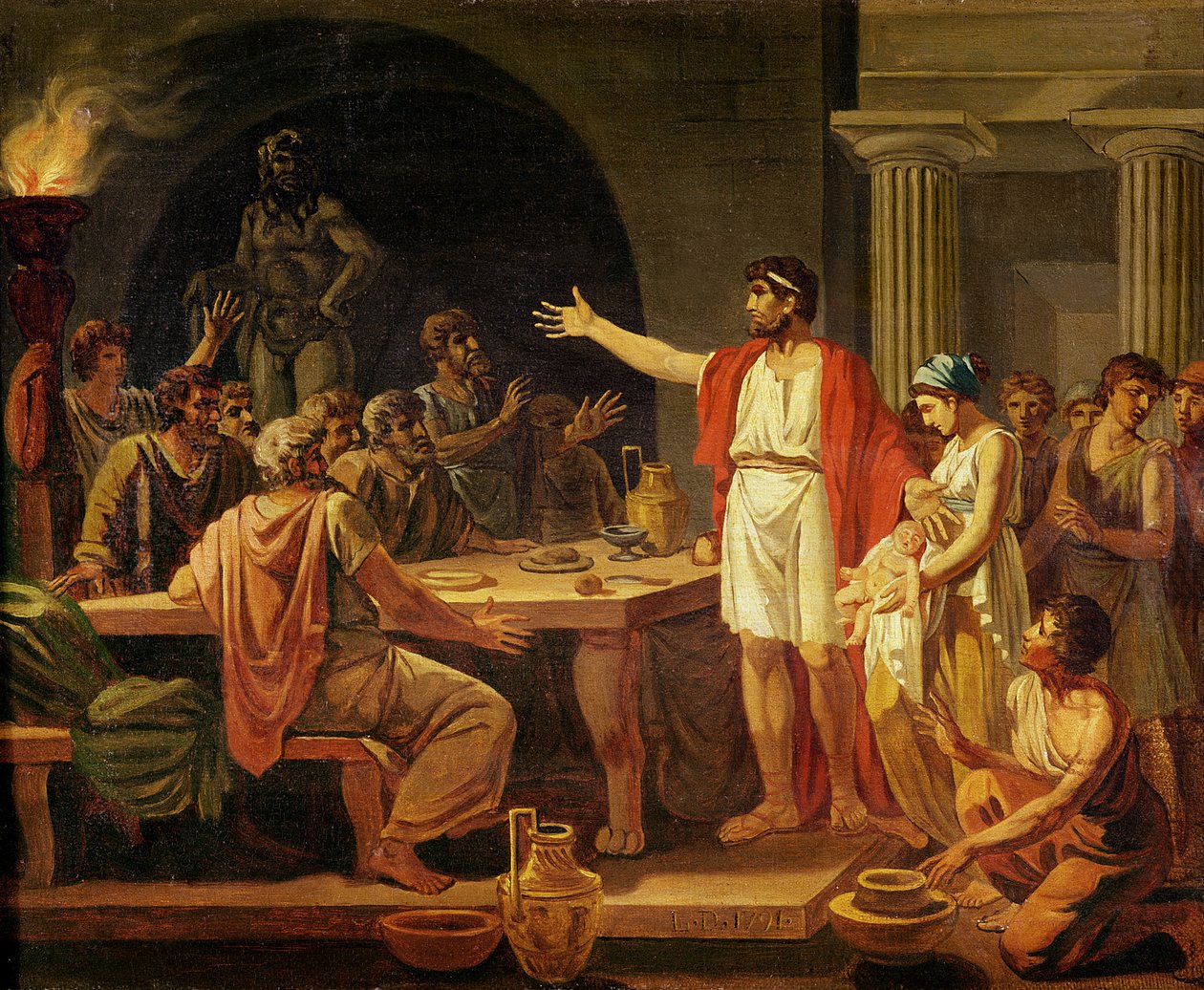 Studie pro Lykurga ukazující prastarým ze Sparty jejich krále, 1791 od Jacques Louis David