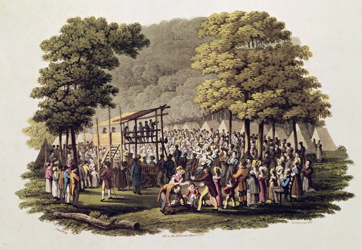 Camp Meeting of the Methodists in North America, vyrytý Matthew Dubourg (fl.1813-20) 1819 od Jacques Milbert