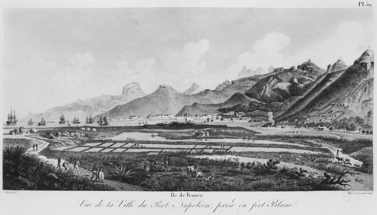 Ostrov Francie (Mauricius), pohled na Port-Napoleon (č. rytina) od Jacques Milbert
