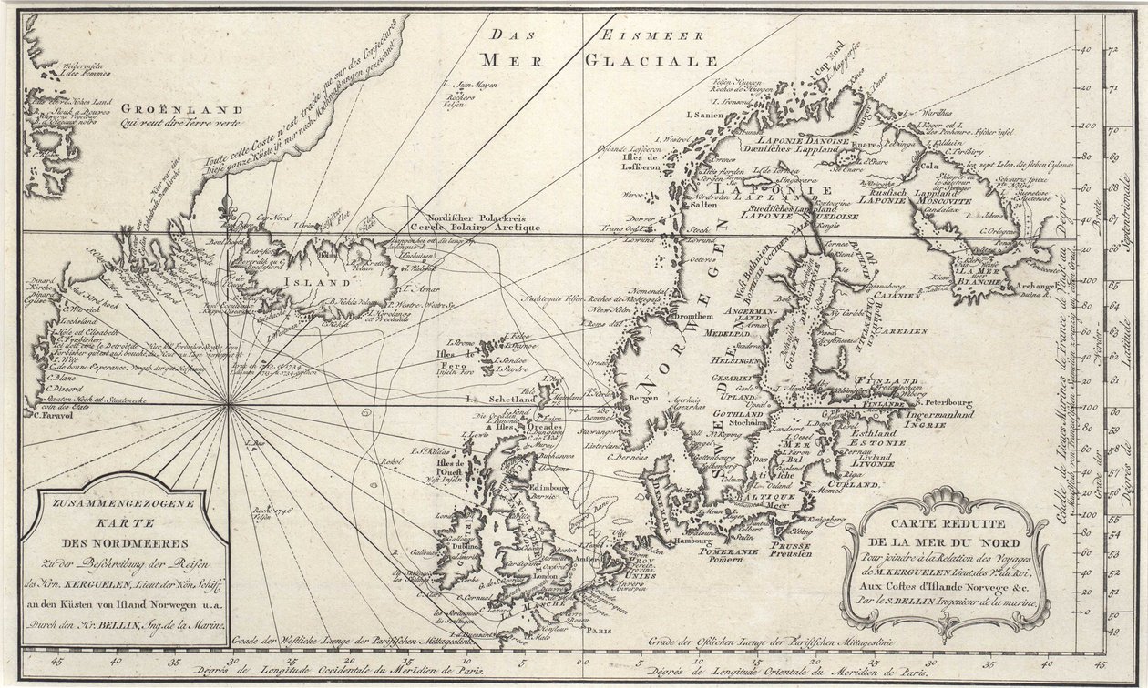 Mapa severního Atlantského oceánu se Severním mořem od Jacques Nicolas Bellin