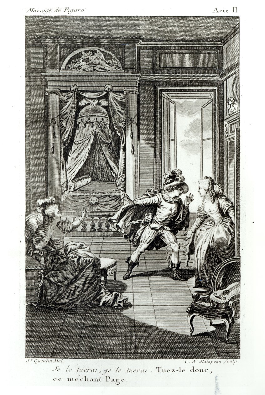 "Já ho zabiju...", scéna z II. dějství "Figarovy svatby" od Pierra-Augustina Carona de Beaumarchais (1732-99), vyryl Claude Nicolas Malapeau (1755-1803) 1785 (čb fotografie) od Jacques Philippe Joseph de Saint Quentin